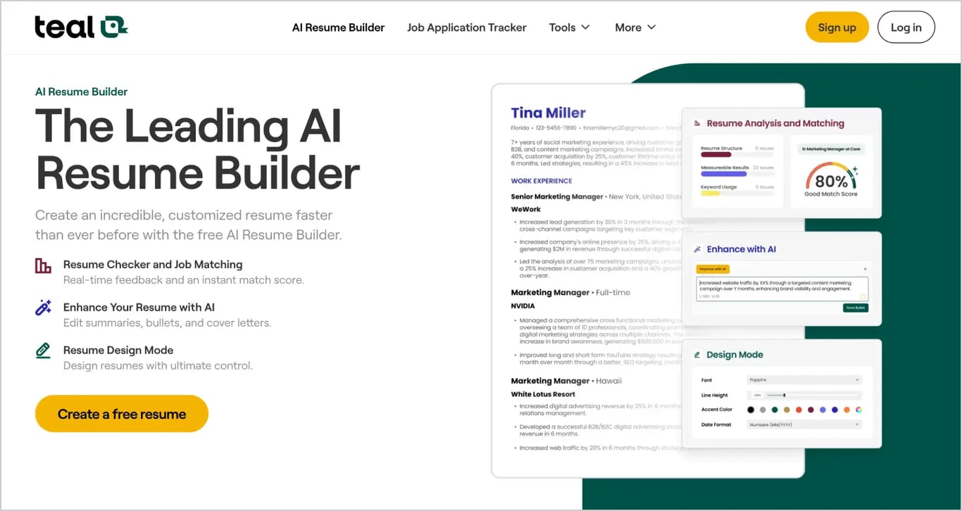 A screenshot of the Teal Resume Builder's homepage