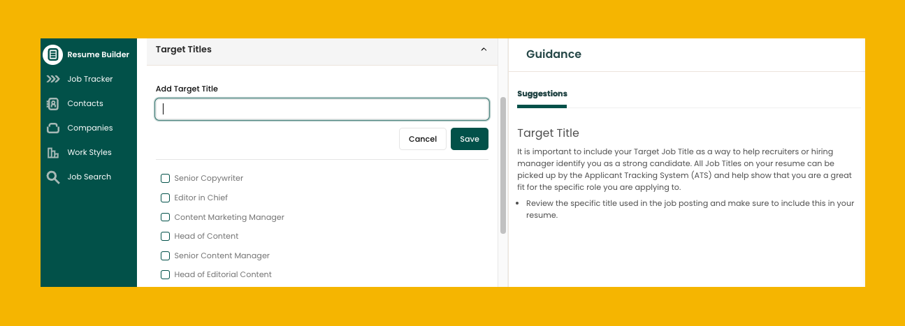 A screenshot of how to add a resume title in Teal's AI Resume Builder