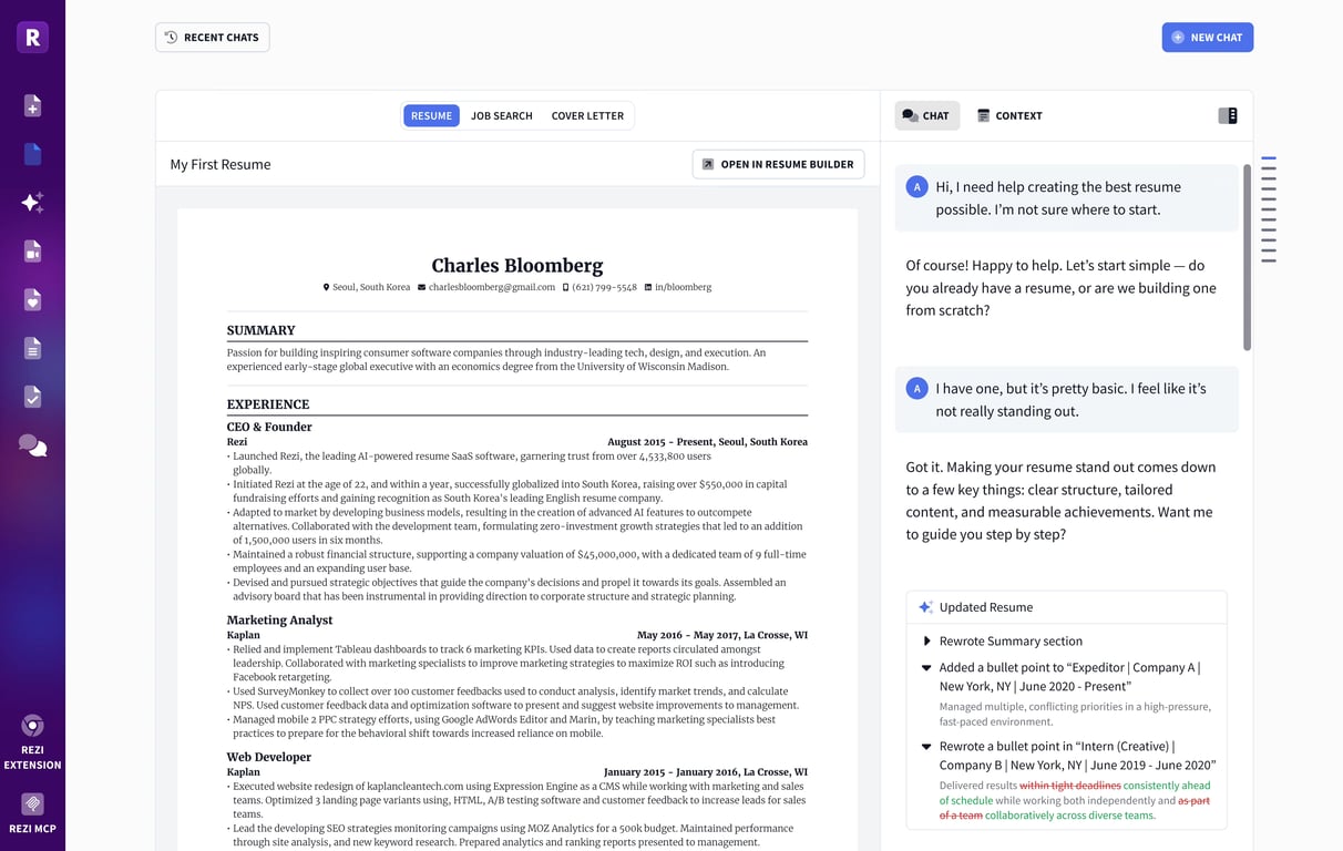 Rezi AI Resume Agent interface showing a resume draft and editing suggestions