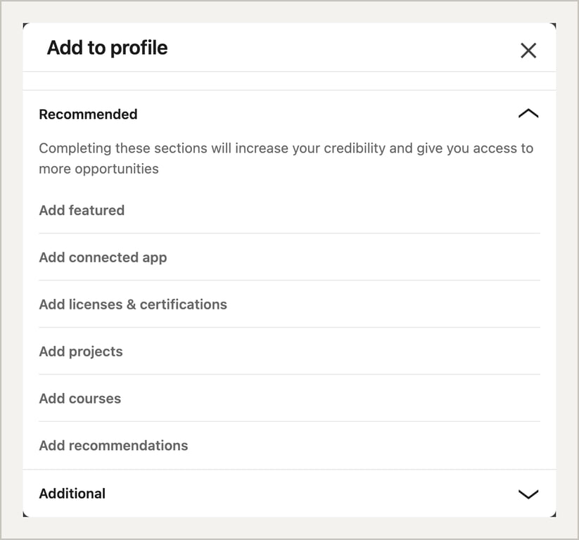 LinkedIn Add to profile window with the Recommended section expanded and Add featured selected.