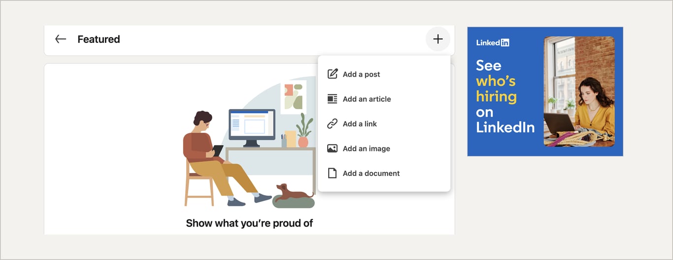 LinkedIn Featured page with the plus menu open and Add a document listed.