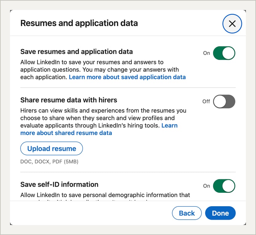 LinkedIn Resumes and application data window with saved-resume and recruiter-sharing controls plus the Upload resume button.