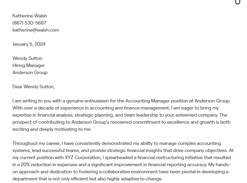 accounting manager cover letter