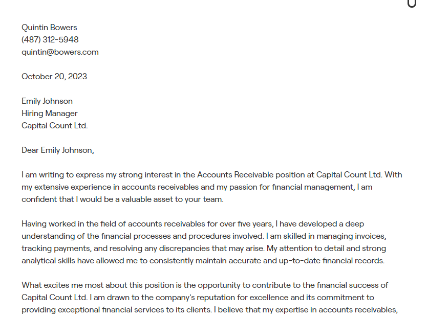 accounts receivable cover letter