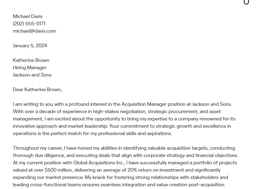 acquisition manager cover letter