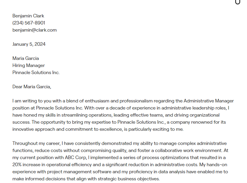 administrative manager cover letter
