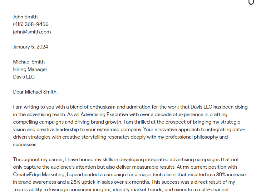 advertising executive cover letter
