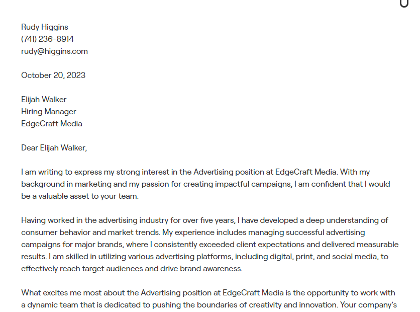 advertising cover letter