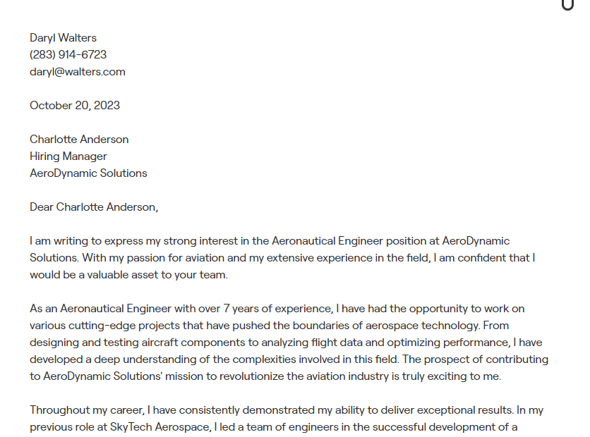 aeronautical engineer cover letter