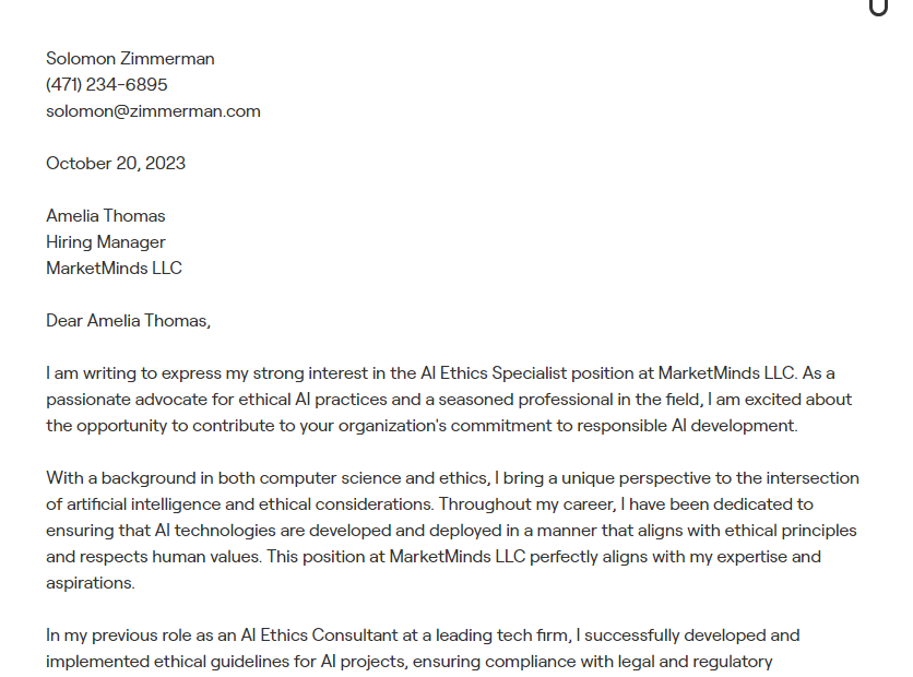 ai ethics specialist cover letter