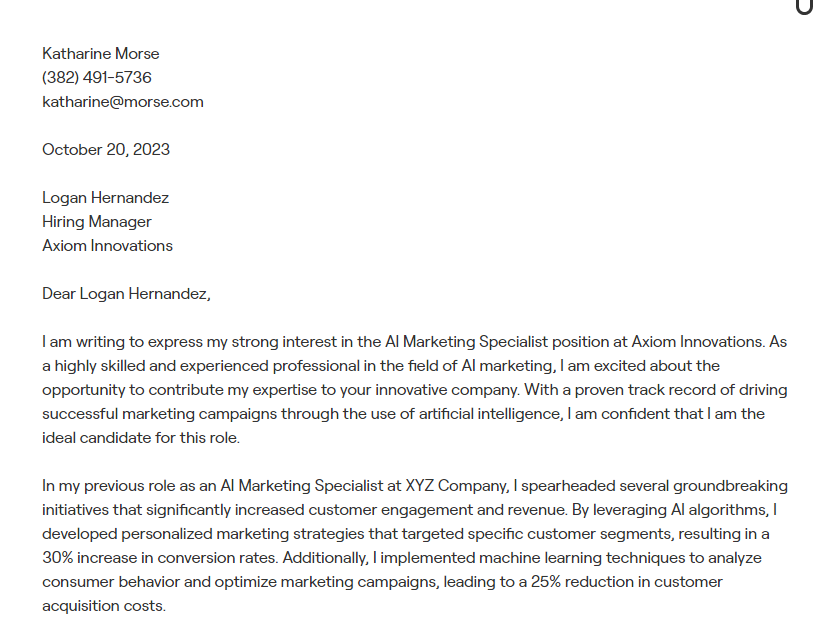 ai marketing specialist cover letter