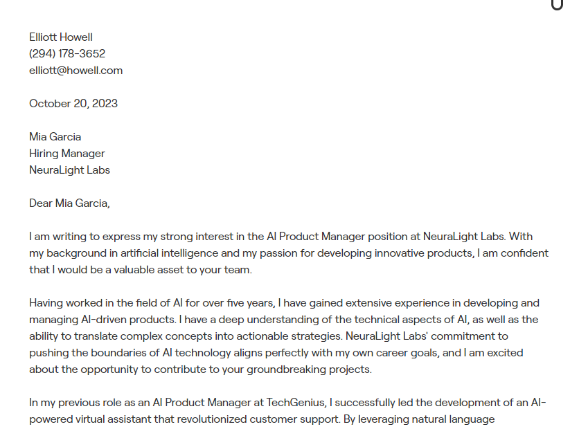ai product manager cover letter