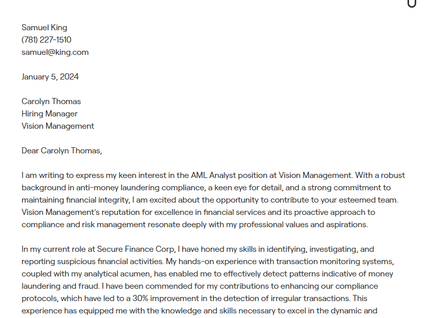 aml analyst cover letter