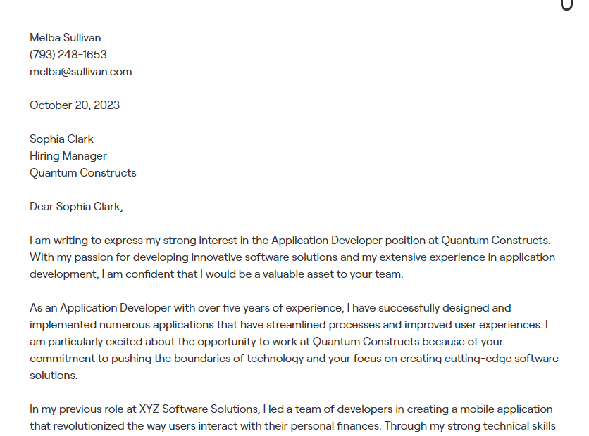application developer cover letter
