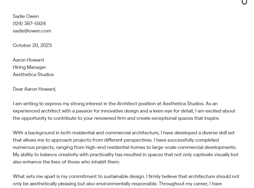 architect cover letter