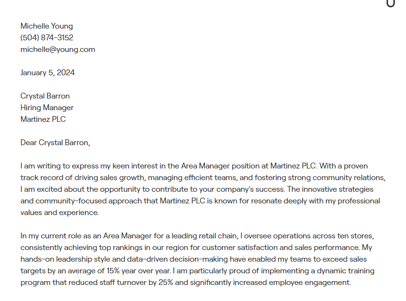 area manager cover letter