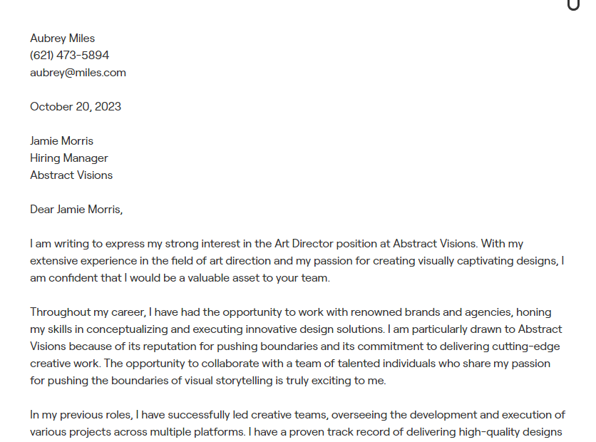 art director cover letter