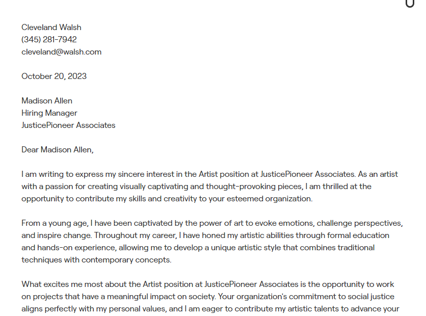 artist cover letter
