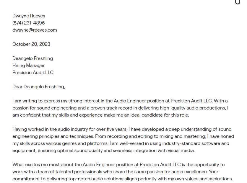 audio engineer cover letter