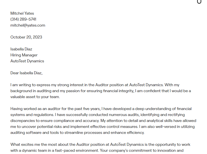 auditor cover letter
