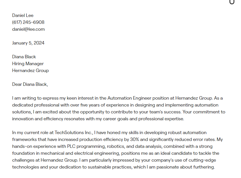 automation engineer cover letter