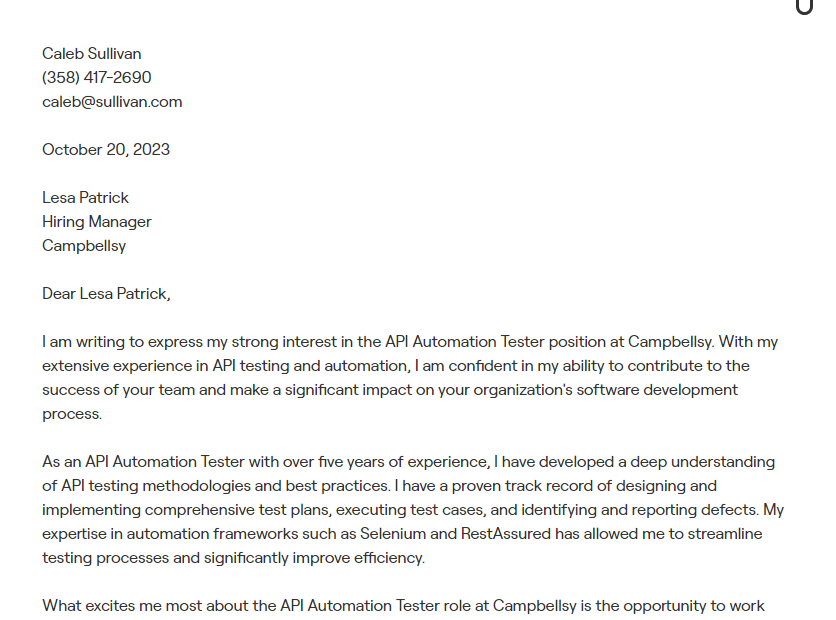 automation tester cover letter