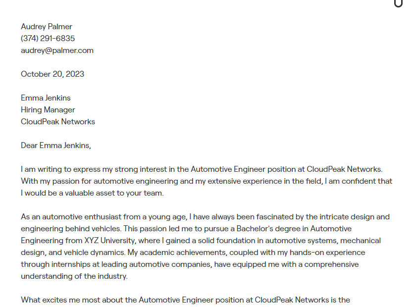 automotive engineer cover letter