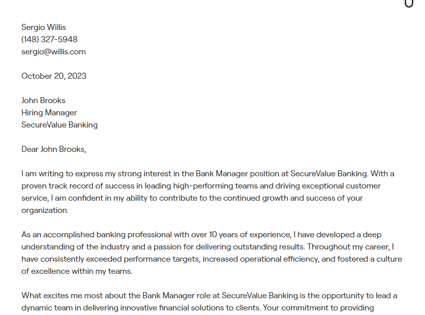 bank manager cover letter
