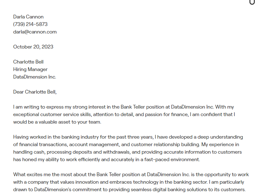 bank teller cover letter