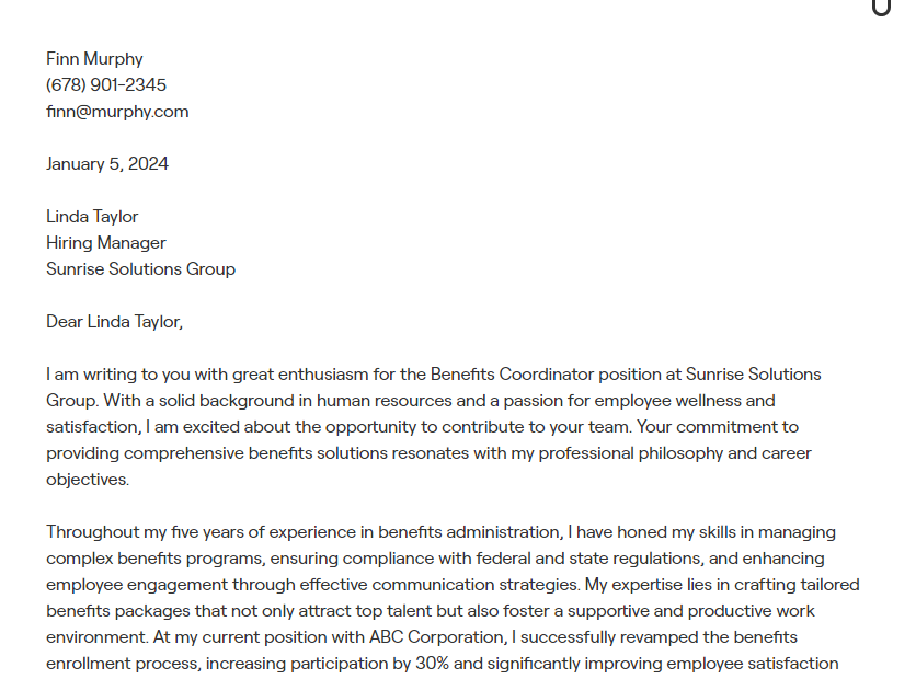 benefits coordinator cover letter