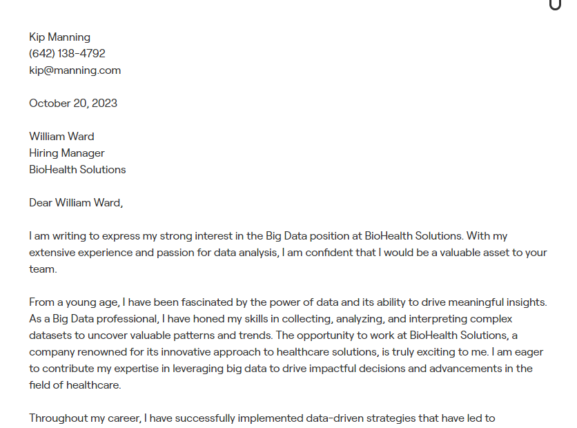 big data cover letter