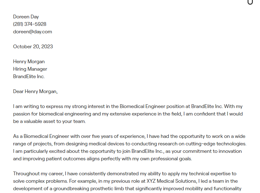 biomedical engineer cover letter