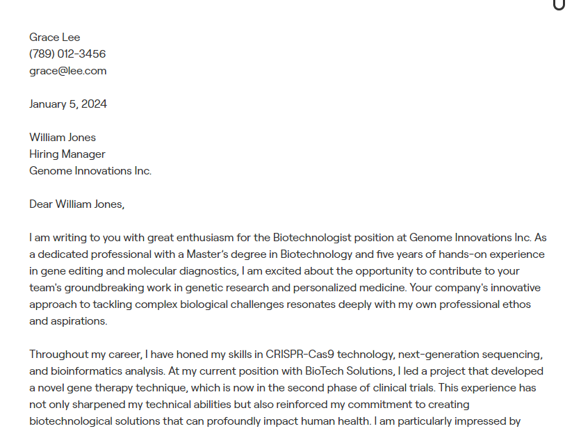 biotechnology cover letter