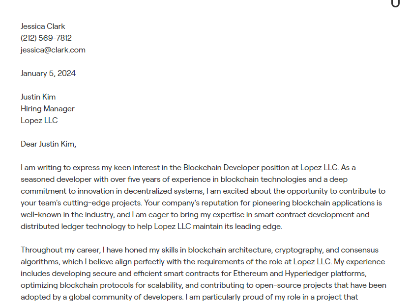 blockchain developer cover letter