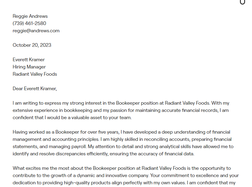 bookkeeper cover letter