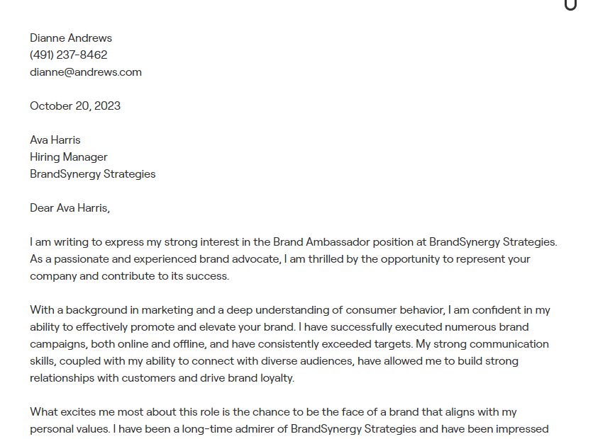 brand ambassador cover letter