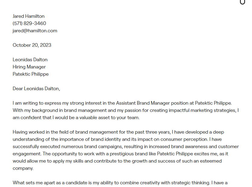 brand manager cover letter