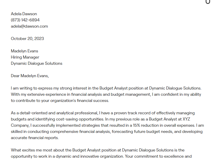 budget analyst cover letter