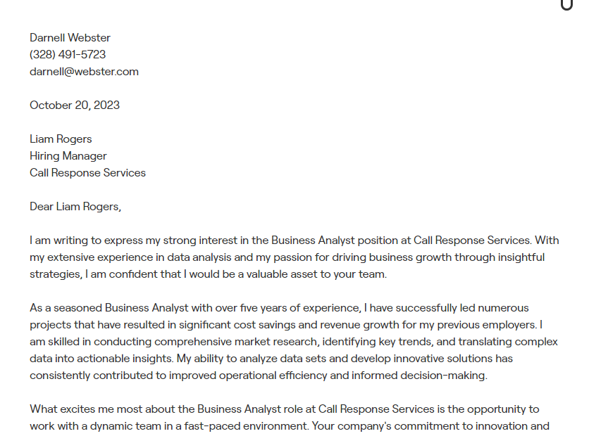 business analyst cover letter