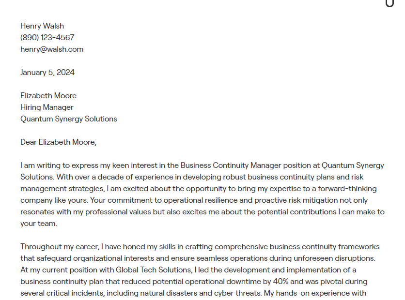business continuity manager cover letter