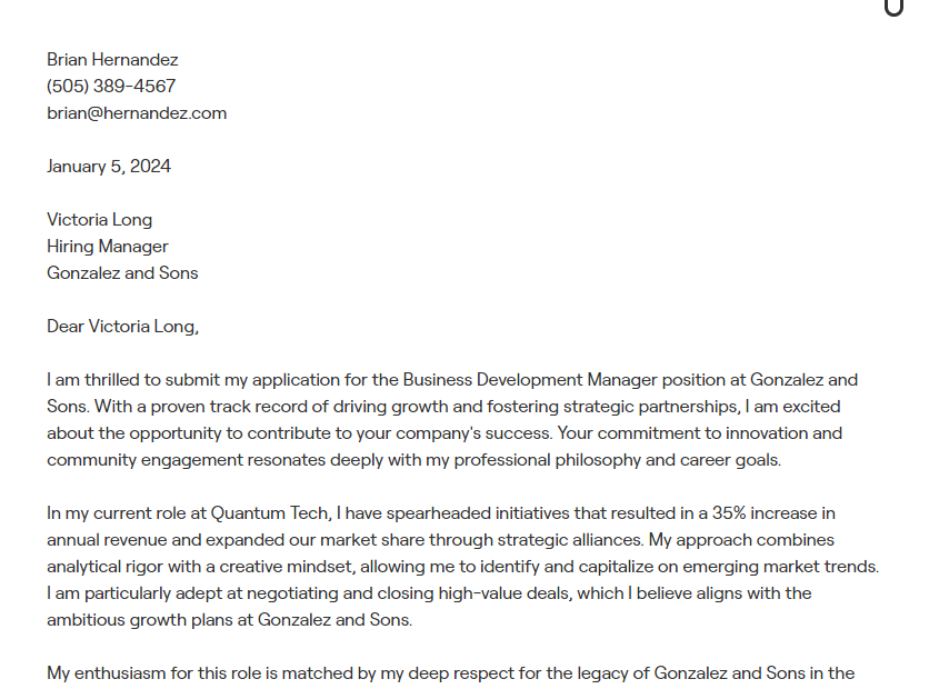 business development manager cover letter