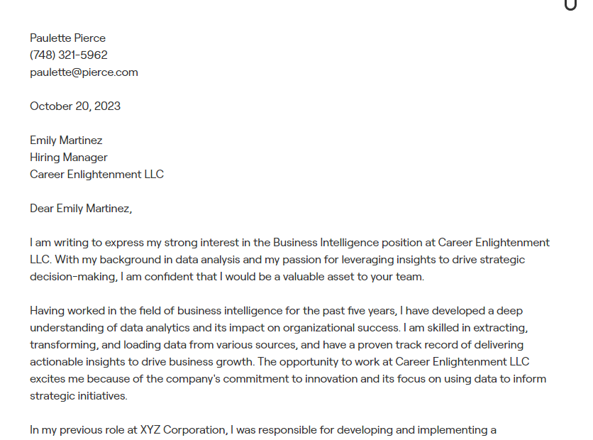 business intelligence cover letter