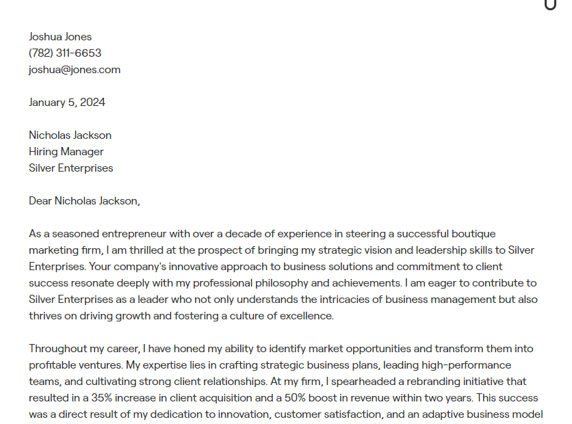 business owner cover letter
