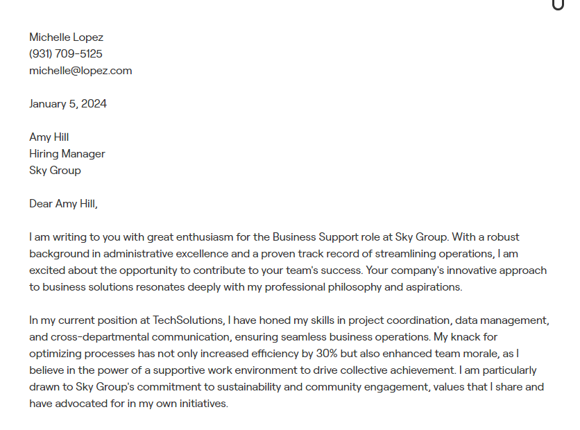 business support cover letter