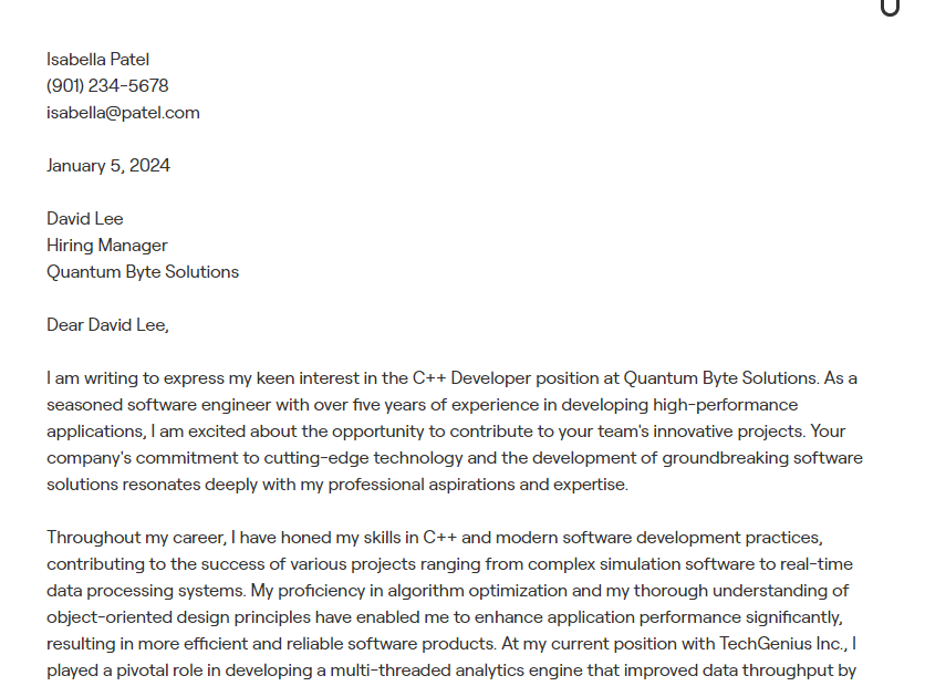 c++ developer cover letter
