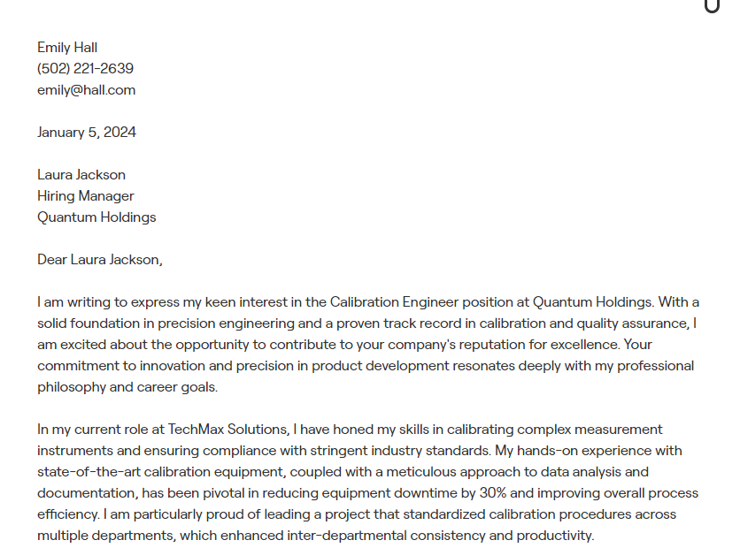 calibration engineer cover letter