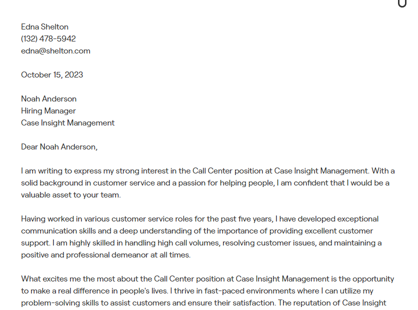 call center cover letter