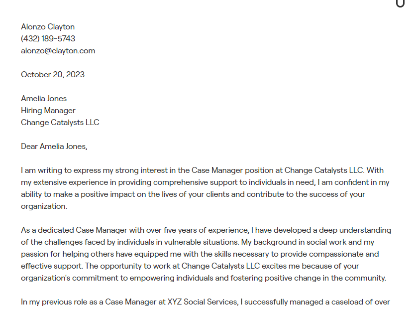 case manager cover letter