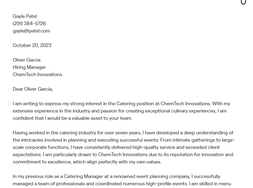 catering cover letter