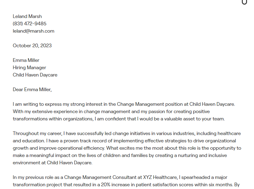change management cover letter